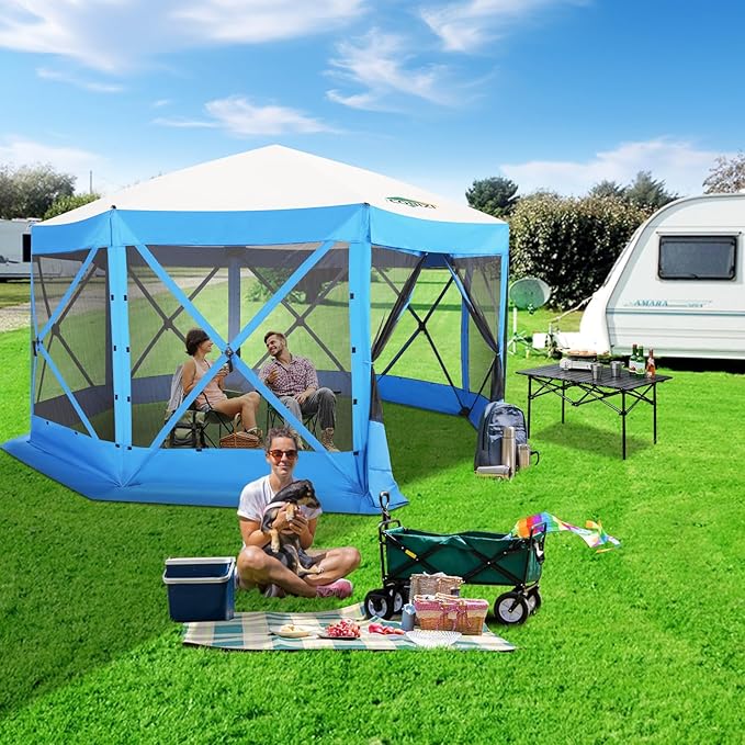 COBIZI 15x15 FT Pop Up Gazebo - Canopy Tent, Large Gazebos On Clearance with Sidewalls, Screened in Gazebo,carpas para Patio,Portable Screen Tents for 12-15 Persons Outdoor Camping, Backyard,Blue