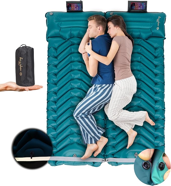 Double Sleeping Pad with Pillow, Self Inflating Extra-Thick, Ultralight Sleeping Mat, Built-in Pump, Ultimate for Camping, Hiking, Traveling, Airpad, Carry Bag, Compact & Lightweight Air Mattress