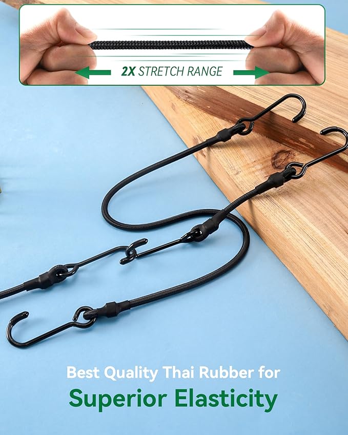 180 Lbs Real Heavy Duty Bungee Cords with Rust Resistant Steel Hooks, 100 Inch Black Bungee Straps with 2X Stretch & UV Protection, Perfect for Camping, Tarps, Tent, Bike, Luggage (2 Pcs)