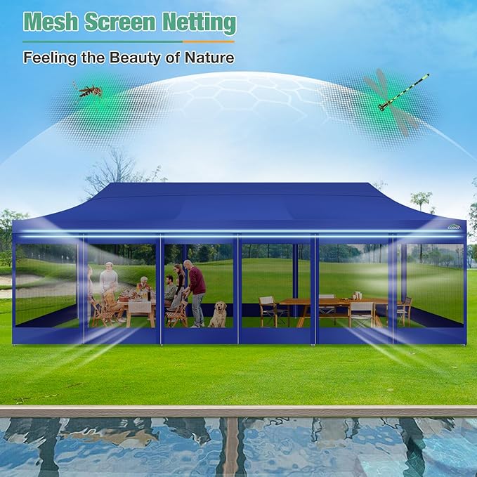COBIZI 10x30 Canopy Tent, Heavy Duty Pop up Canopy with Sidewalls, Waterproof Easy Setup Canopy with Mosquito Netting, Outdoor Instant Screen Tents for Parties, Wedding with Roller Bag, Dark Blue