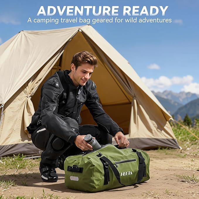 HEETA Waterproof Motorcycle Dry Bag, Waterproof Duffel Luggage Travel Bags with Zippered Closure & Pocket, Shoulder Straps, Large Space for Motorcycling Camping Commuting Boating (Green, 70L)