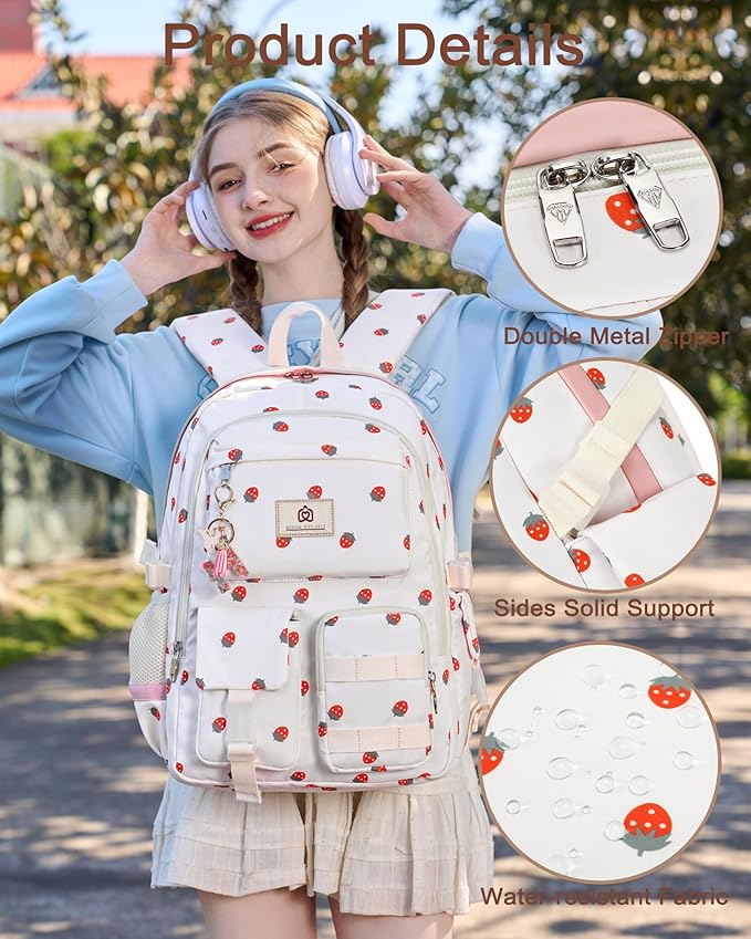 Laptop School Backpack for Teen Girls Women 15.6 Inch Cute College Backpacks Large Elementary Middle High School Bag Kids Student Strawberry Bookbag Anti Theft Travel Casual Daypack (Beige-Strawberry)