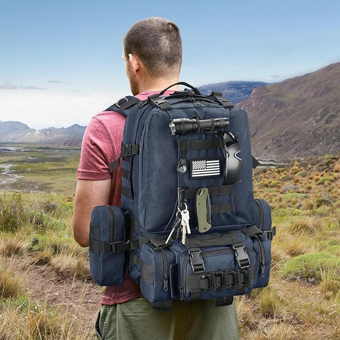 CVLIFE 60L Tactical Backpack for Men Women Military Large Army Rucksack With D-Ring Molle Clips Compass Accessories 3 Day Bug Out Survival Molle Bag Hiking Camping Gym Daypack Backpack, Blue