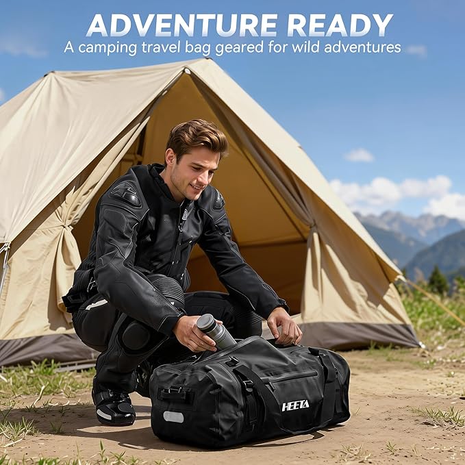 HEETA Waterproof Motorcycle Dry Bag, Waterproof Duffel Luggage Travel Bags with Zippered Closure & Pocket, Shoulder Straps, Large Space for Motorcycling Camping Commuting Boating (Black, 70L)