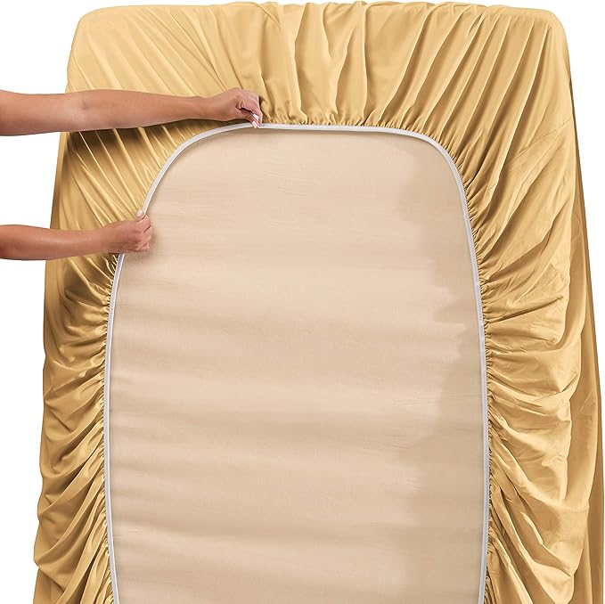 Clara Clark Flex Top King Sheets, 6 Piece Set - Hotel Luxury Sheets for Top Split King Bed, Super Soft Bedding Set, Head Split King Camel Gold