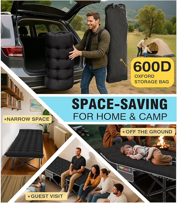 Slendor XXL Camping Cot, Extra Wide Sleeping Cot for Adults, 79" L x 32" W x 19" H Camping Bed with Mattress, Pillow, Carry Bag, Outdoor Bed for Travel, Guest, Gray Cot