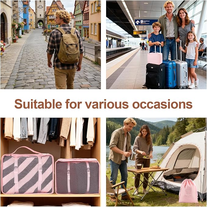 8 Set Compression Packing Cubes for Travel Essentials,Suitcase Organizer Bags, Carry-On Luggage Accessories with Laundry & Toiletry Bag, Road Trip & Camp Gifts for Men and women(pink)