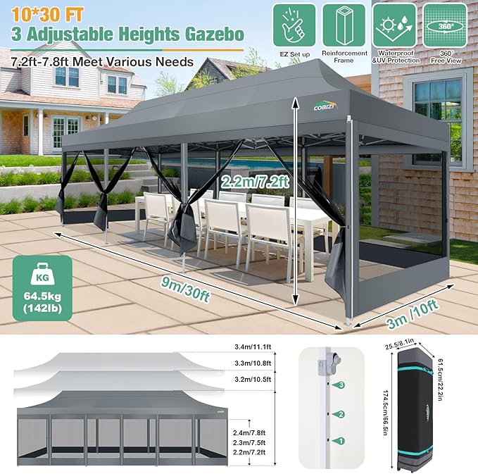 COBIZI 10x30 Canopy Tent, Heavy Duty Pop up Canopy with Sidewalls, Waterproof Easy Setup Canopy with Mosquito Netting, Outdoor Instant Screen Tents for Parties, Wedding with Roller Bag, Gray