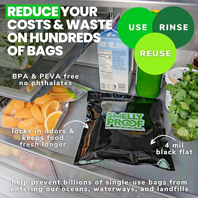 Smelly Proof Reusable Food Storage Bags, Black Quart 8.5” x 10” 4-Mil Thick, Reusable Freezer Bags, Washable Reusable Storage Bags, BPA-Free, No PEVA, Non-Silicone US-Made, 10-Pack