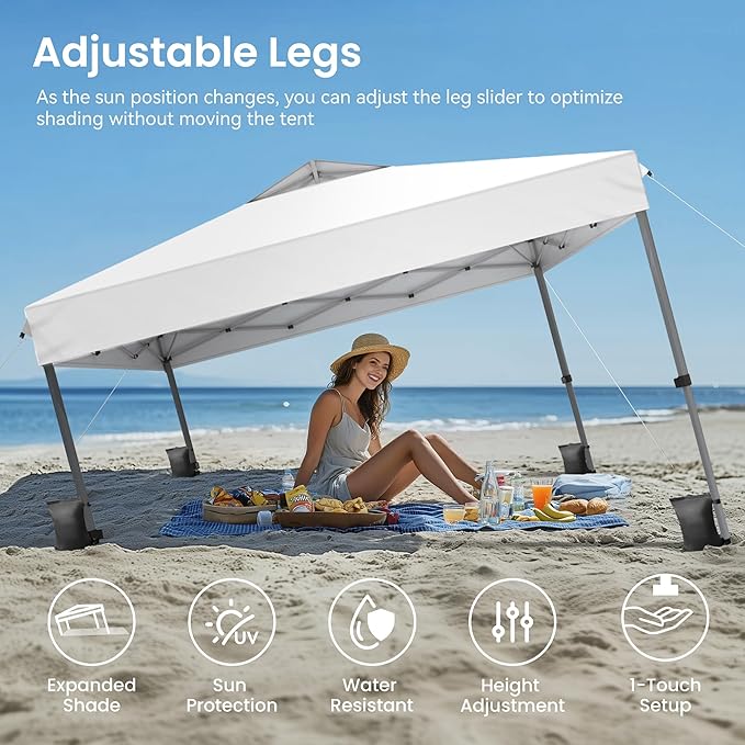 PHI VILLA 10’x10’ Pop Up Canopy Tent - One Push Setup, Instant Shade Tent with Vented Roof for Beach & Events - Includes Storage Bag, Sandbags, Stakes & Ropes (White)