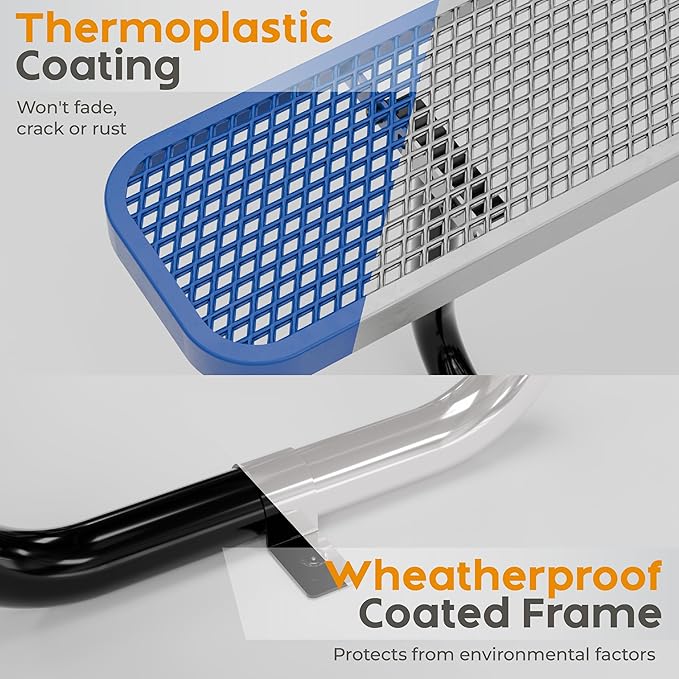 Metal Picnic Furniture for Outdoors with Umbrella Hole - Coated Steel Heavy Duty Commercial Grade Table with Adjustable Seats, Patio Set for a Lifetime (Blue, 4' Rectangular)