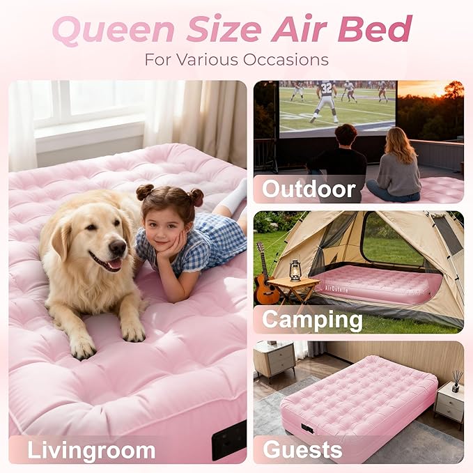 Queen Air Mattress with Built-in Rechargeable Battery Pump, Cooling Pongee Fabric Material, Waterproof & Leakproof Air Mattress Queen, Camping Airbed, (18", Pink)