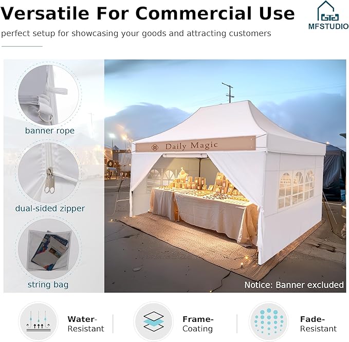 MFSTUDIO 10x15 Pop Up Canopy Tent, Outdoor Commercial Heavy Duty Party Tent with 4 Sidewalls, Easy Set-up Waterproof Canopy Tent for Party Event Wedding, Thickened Legs with 3 Heigh Adjustable, White
