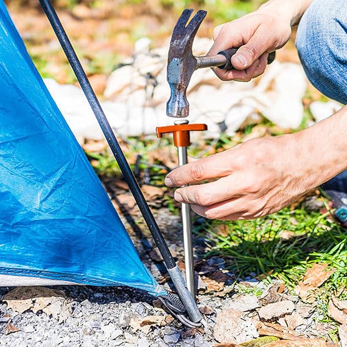 Eurmax USA Galvanized Non-Rust Camping Family Tent Pop Up Tent Stakes Canopy Anchors Heavy Duty 10pc-Pack, with 4x10ft Ropes & 1 Orange Stopper