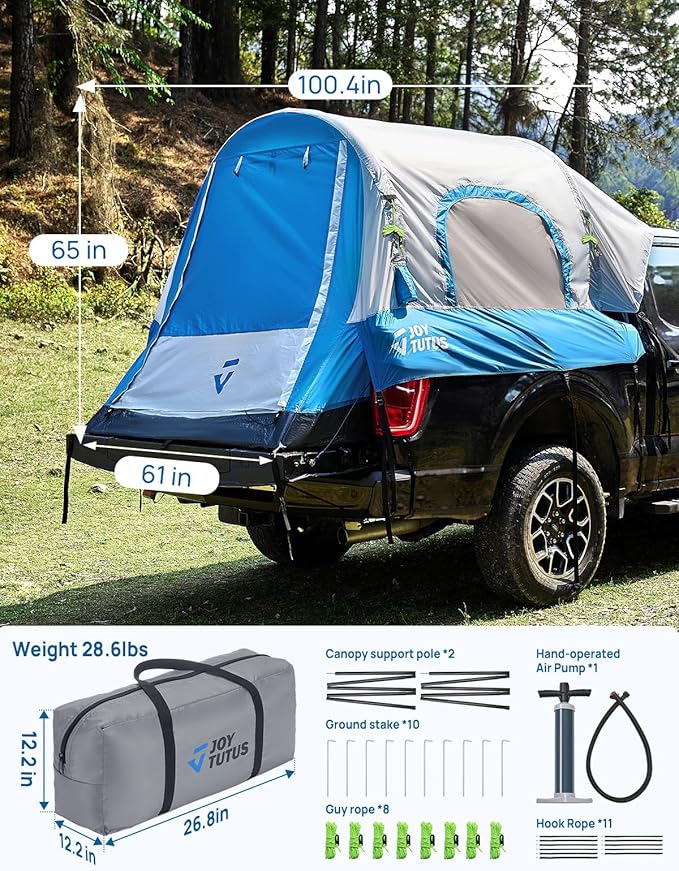 JOYTUTUS Inflatable Truck Bed Tent 5.5-6.5FT with Awning, Includes Air Pump for Quick 30S Setup, Dual-use Pickup or Camping Tent for 2 Person, Truck Tent with Waterproof Roof Shade and 3 Windows