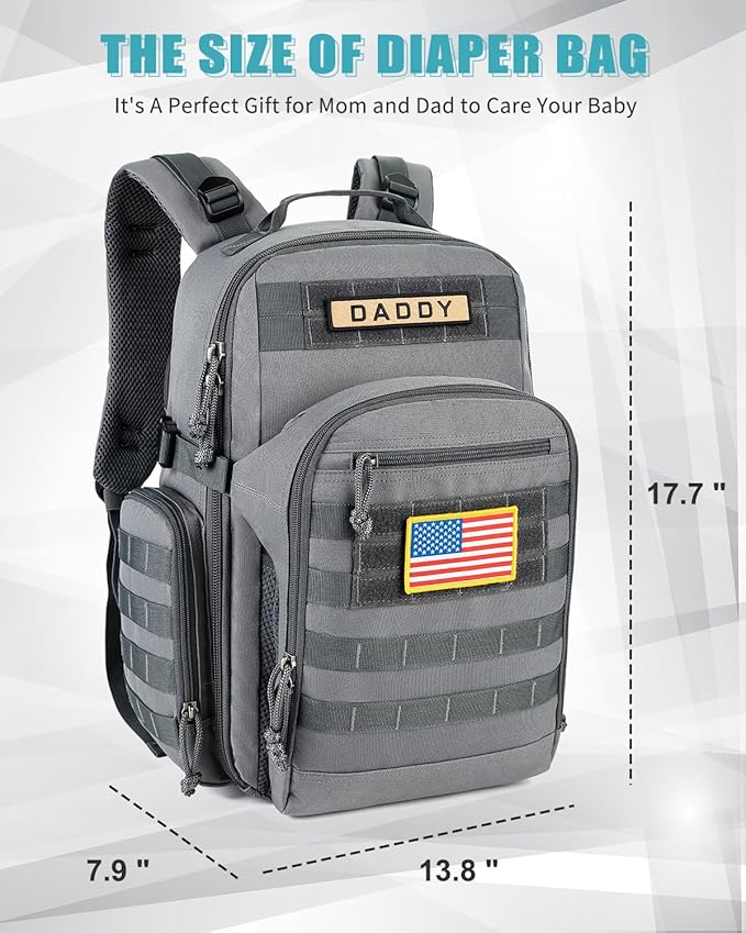 SHARKMOUTH Dad Diaper Bag Backpack - Military Baby Gear Backpacks with Daddy Patches Gray