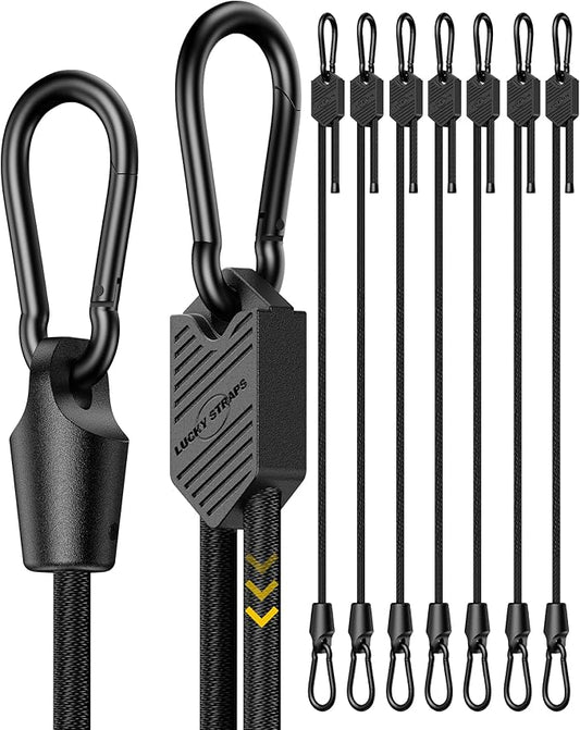 8 Pcs 12 Inch Adjustable Carabiner Bungee Cords with Hooks, Easy to Adjust from 7" to 12", Black Bungee Straps with UV-Resistance & Superior Elasticity for Cargo, Bike, Luggage, Carts, Truck, etc
