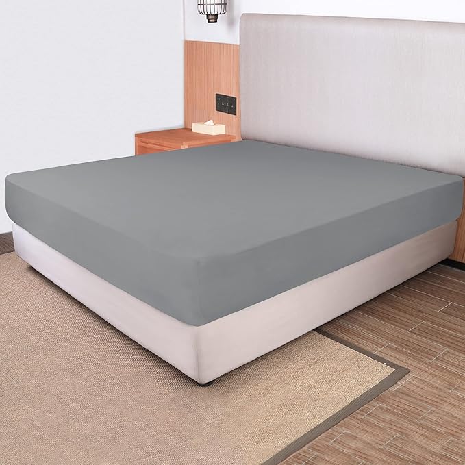 King Size Fitted Sheet Only - 4-Way Stretch Jersey Knit, Cozy T-Shirt Soft, Wrinkle Free, Snug Fit & Stay in Place, No More Slipping Off for Mattress (Deep: 5"-13") - Light Gray, King
