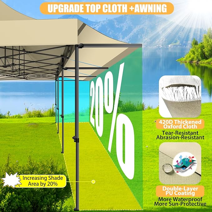 COBIZI 10x30 Pop Up Canopy Tent with Awning,Heavy Duty Canopy UPF 50+ All Season Wind Waterproof Commercial Outdoor Street Vendors Party Tents for Parties Canopy with Roller Bag(10 x 30 ft Khaki)