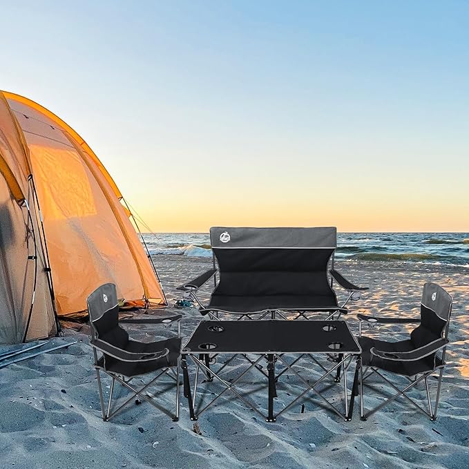 Northroad Folding Camping Chair Set of 4, Portable Collapsible Conversation Set w/1 Sofa, 2 Single Chairs, 1 Table for Family Patio, Outdoor Travel,Beach(Black)
