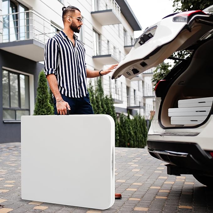 SKOK Folding Picnic Table 8 Foot, 8FT Long Plastic Picnic Table Portable with Carry Handle, White Tailgating Utility Commercial Craft Table with Heavy Duty Frame for Party & Events,330lbs