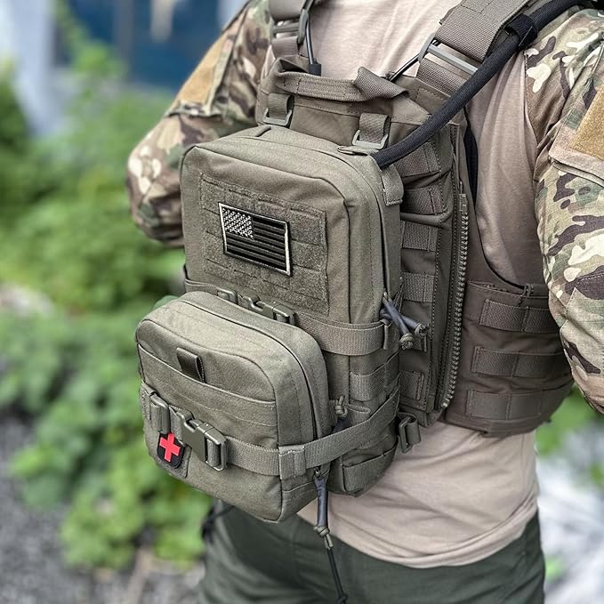 Tactical Mini Molle Hydration Pack,Molle Hydration Carrier with IFAK Pouch&US Flag&Med Patch,Hydropack for 2L Water Bladder