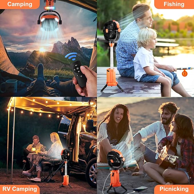 Odoland 20000mAh Camping Fan with Lantern, 360° Oscillation Rechargeable Battery Operated Outdoor Power Fan with Remote, Hook & RGB Light for Camp, Family Travel and Jobsite, Orange