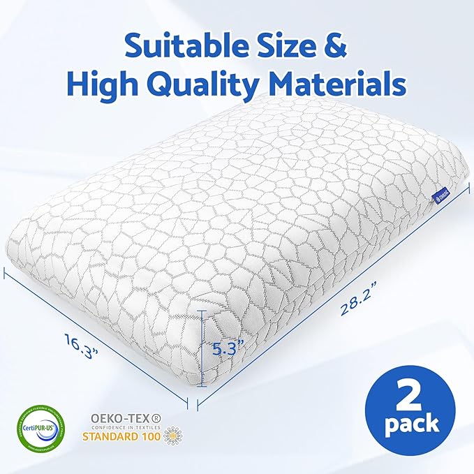 Memory Foam Pillows for Sleeping, Cooling Pillow with Removable and Machine Washable Cover, Bed Pillow for Side, Back and Stomach Sleepers, Queen Size (2 Pack)