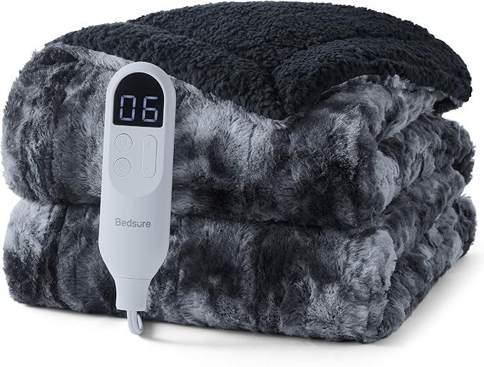 Bedsure Faux Fur Heated Blanket Throw Blanket, Fast Heating Electric Blanket with 6 Heating Levels & 4 Time Settings, Cozy Gifts for Women Men (50x60 inches, Black)