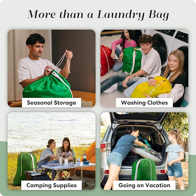 Handy Laundry Bag Shoulder Strap - Drawstring Locking Closure, Durable Nylon Material, Large Capacity, Heavy Duty Stitching - Perfect for Laundromat or College Dorm (Green, 30" x 40")