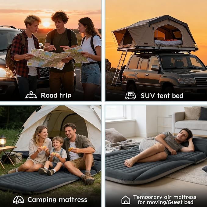SUV Air Mattress, Double-Sided Thick Flocked Car Air Mattress with Built-in Pump & Pillow, Complete Sleeping Accessories for Auto Camping & Road Trips(Dark Gray)
