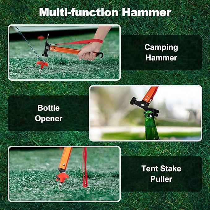 Aluminum Camping Hammer, 3-In-1 Functional Tent Stake Hammer with Puller, Lightweight Tent Mallet for Camping, Hiking & Backpacking, Orange
