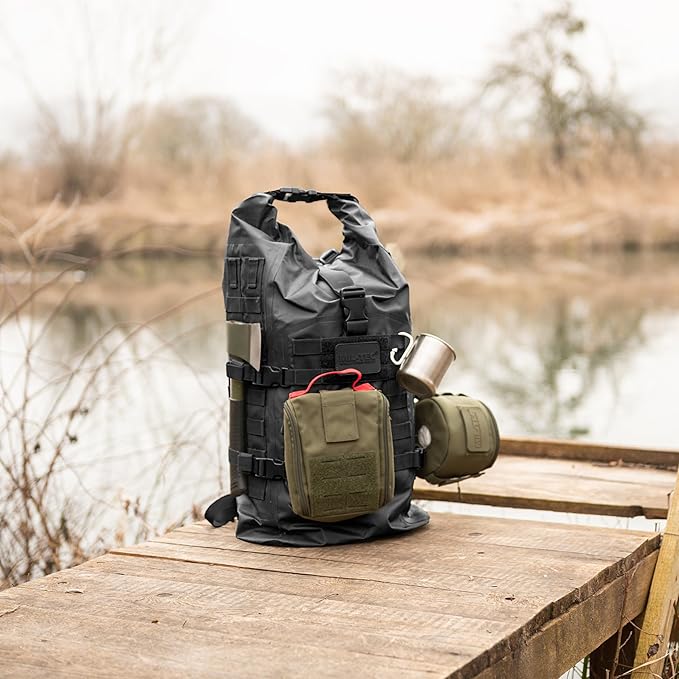 Mil-Tec Unisex 30L Tactical Seals Dry Bag - Secure Rugged Durable Waterproof Outdoor Kayaking Boating Camping Hiking MOLLE Backpack with Adjustable Wide Shoulder Straps & Padded Back, Black