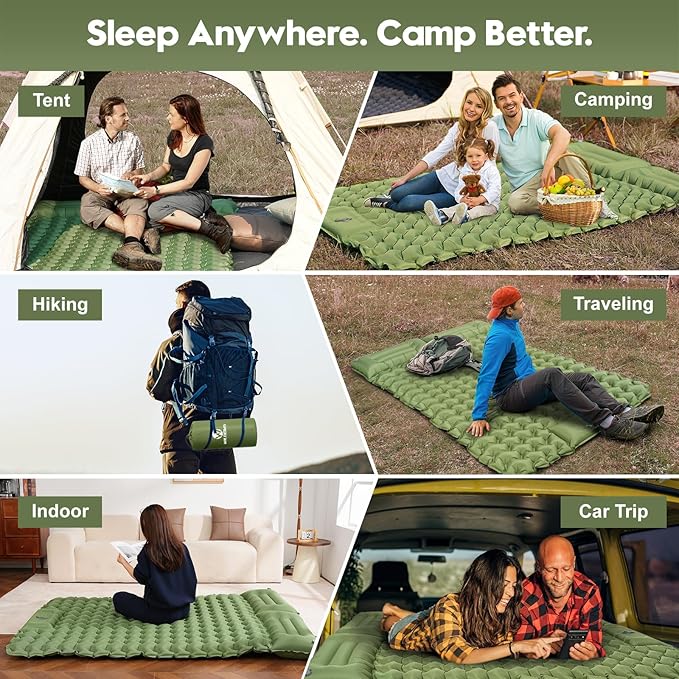 Double Sleeping Pad for Camping – 4” Thick Inflatable Camping Mattress 2 Person, Built-in Foot Pump & Pillow, Ultralight Self-Inflating Camping Mat for Tent, Hiking, Backpacking, Traveling