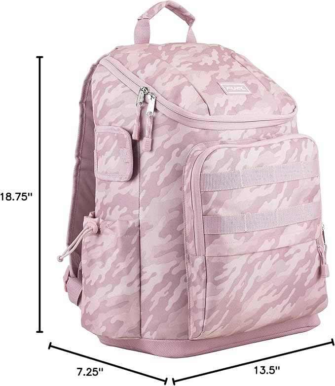 FUEL Multi-Pocket Cargo Travel Backpack Luggage Bag with Top-Loader Entry, Dusty Pink Camo