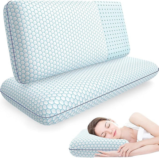 Memory Foam Pillows for Side, Back and Stomach Sleepers, Set of 2, Bed Pillow with Washable Cover and Breathable Mesh, Bed Pillow for Sleeping (Blue,King Size)