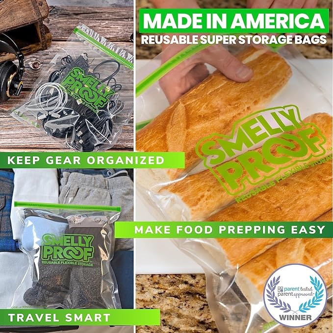 Smelly Proof Reusable Food Storage Bags, Reusable Freezer Bags, MADE IN USA, Dishwasher-Safe, BPA FREE, NO PEVA, XXL 3-mil, Extra Large Clear FLAT 2-Gallon 12” x 16”, 15-Pack