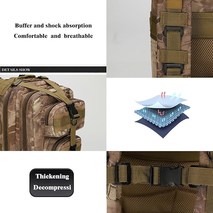 30L Comfortable Durable Military Tactical Backpack w/USA Flag Patch, MOLLE Hiking Camping Travel Bag,(Khaki python pattern)