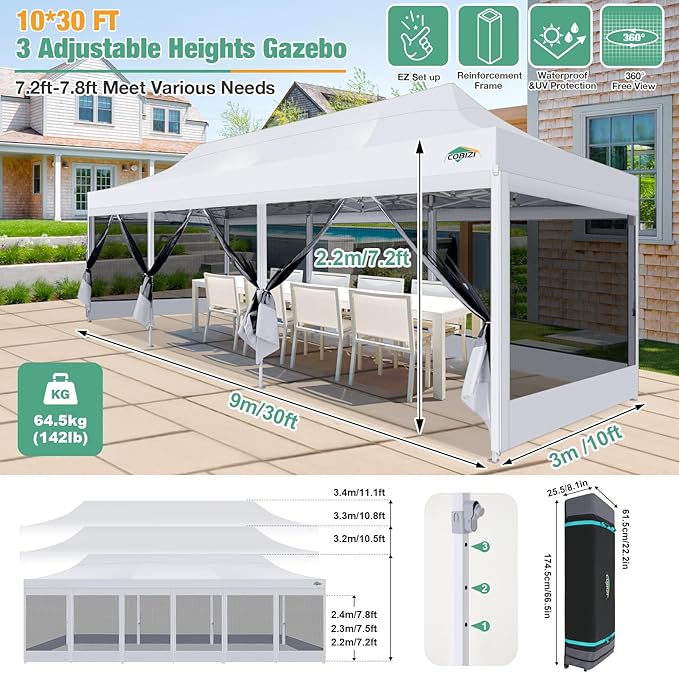 COBIZI 10x30 Canopy Tent, Heavy Duty Pop up Canopy with Sidewalls, Waterproof Easy Setup Canopy with Mosquito Netting, Outdoor Instant Screen Tents for Parties, Wedding with Roller Bag, White