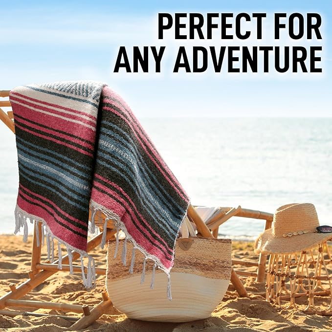 Hydration Nation Authentic Large Handwoven Mexican Striped Throw Blanket - Soft, Durable, Eco-Friendly - 70"x50" - Azure