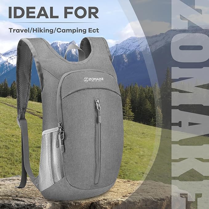 ZOMAKE 10L Ultra Lightweight Packable Backpack, Small Daypack Light Foldable Backpacks Water Resistant Day Bag for Hiking(Grey)