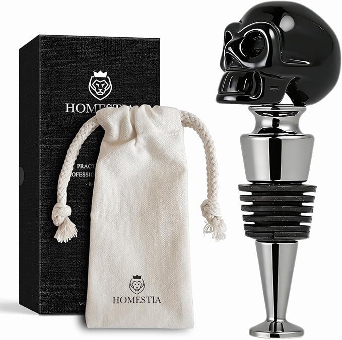 Homestia Gemstone Skull Wine Stopper, Birthday Gifts for Men Women, Bottle Stoppers for Wine Champagne, Reusable Wine Corks for Beverage, Wine Preserver Saver Fresh (Black)