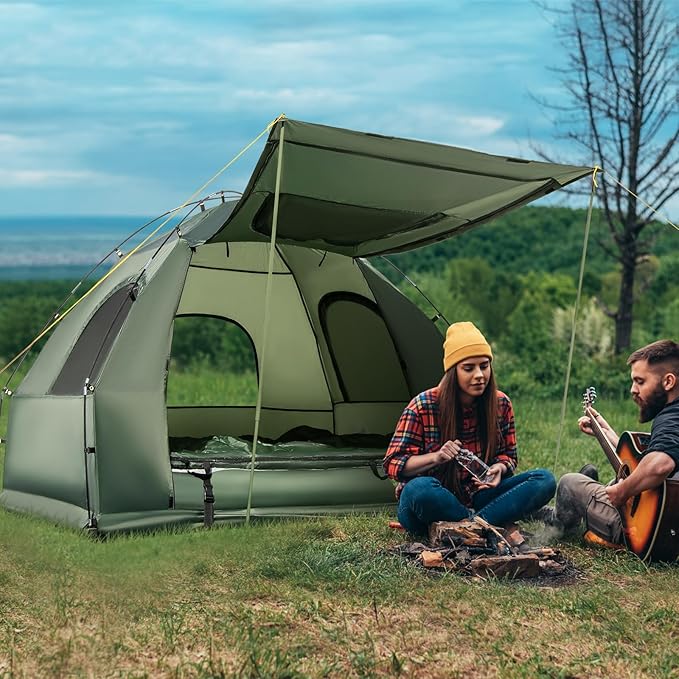 KOTEK 5-in-1 Tent Cot with Air Mattress, Sleeping Bag, Pillow, Canopy, Zippered Mesh Windows & Carry Bag, Elevated Tent for Camping, Hiking, Traveling, Picnic