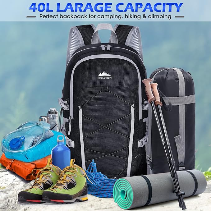 IGOLUMON Hiking Backpack 40L Packable Hiking Daypack for Men Women Waterproof Lightweight Foldable Camping Backpack