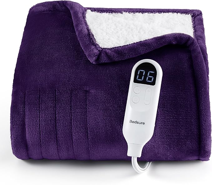 Bedsure Heated Blanket Throw Blanket - Fast Heating Electric Blanket, Soft Flannel Heated Throw with 4 Time Settings, 6 Heating Settings, Warm Gifts for Women Men (50x60 inches, Purple)