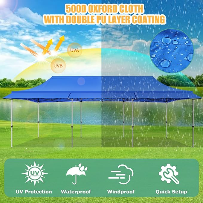 COBIZI 10x30 Pop Up Canopy Tent with Awning,Heavy Duty Canopy UPF 50+ All Season Wind Waterproof Commercial Outdoor Street Vendors Party Tents for Parties Canopy with Roller Bag(10 x 30 ft Blue)