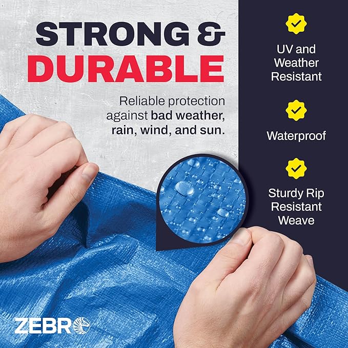 10' x 12' Blue Tarp with Grommets Reinforced - 5 Mil Thick - Durable UV Resistant Plastic Tarps Waterproof - Large Tarpaulin Cover for Outdoor Camping Over/Under Tent Tarp RV Roof Rain - Zebro