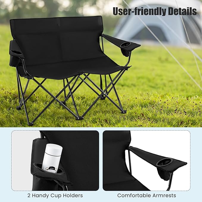 Goplus Double Camping Chair, Oversized Heavy Duty Camping Loveseat for Adults, Portable Folding 2 Person Camping Chair with Cup Holder for Outdoor Lawn Beach Backyard