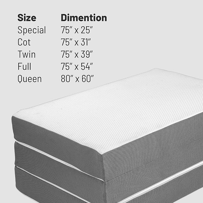 Treaton, 4-Inch Tri-Folding Gel Memory Foam Portable Floor Mattress | Breathable Mesh, Ultra Soft, Cot Pad, Removable and Washable Cover, Comfortable Support, Therapeutic Qualities, 31-Inch, White