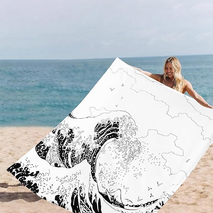 Beach Blanket, Large Sandproof & Waterproof Picnic Blankets, Quick Drying Sand Free Lightweight Beach Mat with 4 Stakes & Pockets for Outdoor Travel Camping Hiking Vacation Essentials - The Great Wave